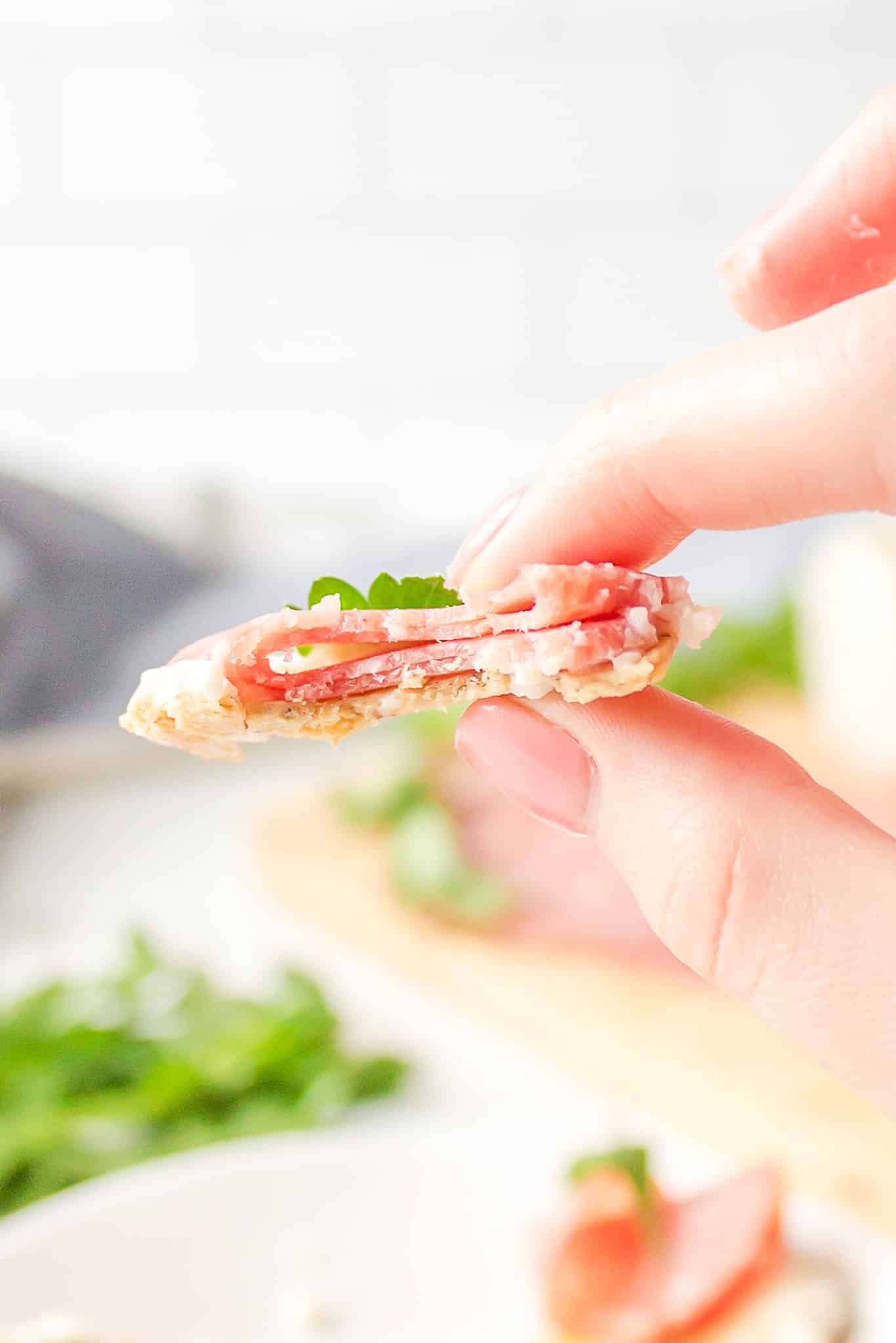 A gluten-free cracker with dairy-free cheese and salami held between two fingers.