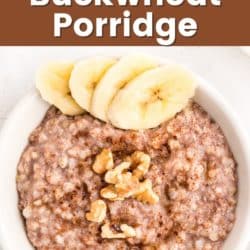 A bowl of buckwheat porridge topped with bananas and walnuts.