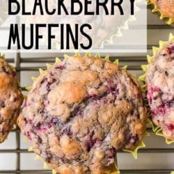 Top view of dairy-free blackberry muffins on a cooling rack.