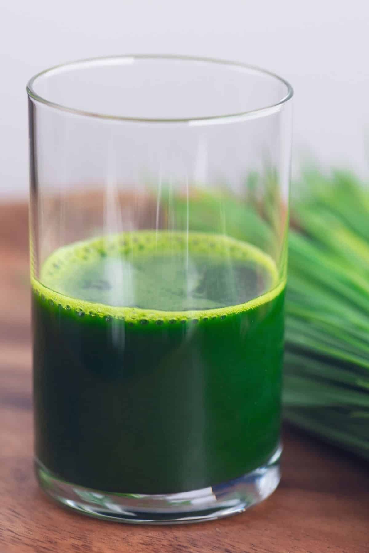 Wheatgrass juice in a small glass on a wooden surface.