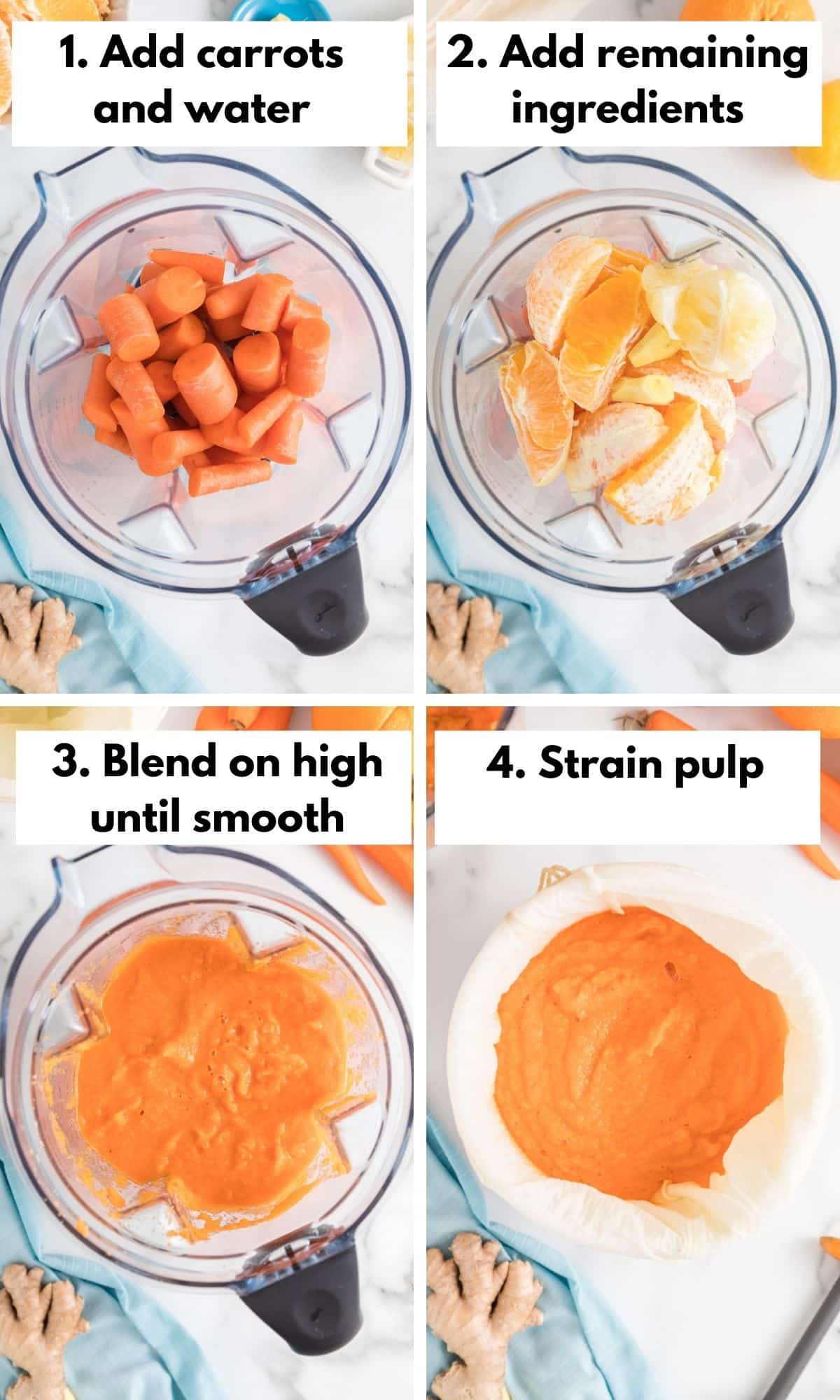 Process collage of making carrot juice in a blender.