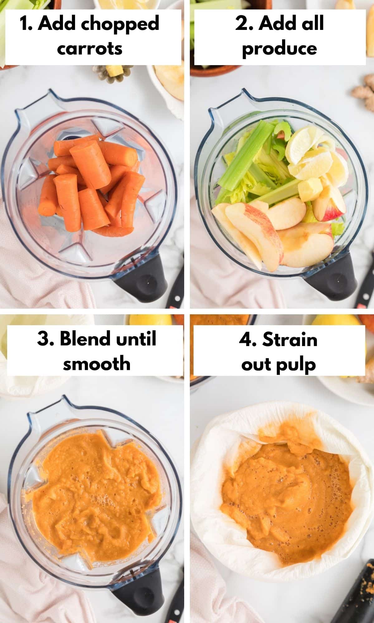 Process collage of making carrot celery juice in a blender.