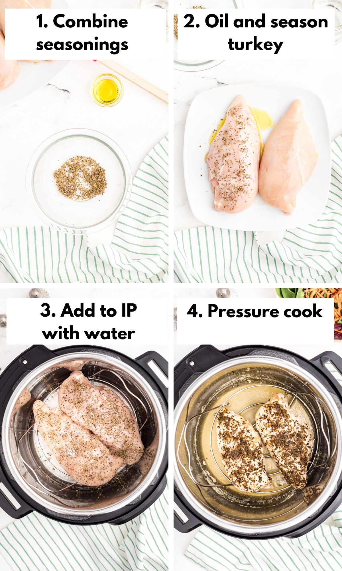 Process collage of preparing and cooking Instant Pot turkey tenderloins.