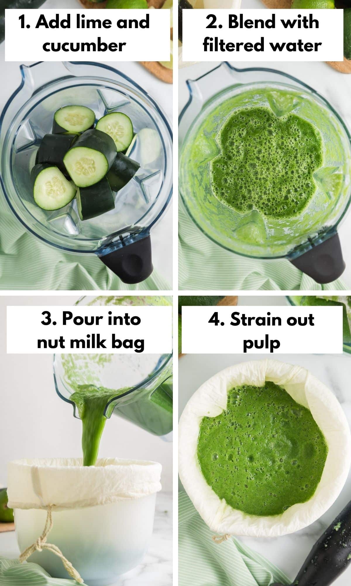 Process collage of making two ingredient cucumber juice in a blender.