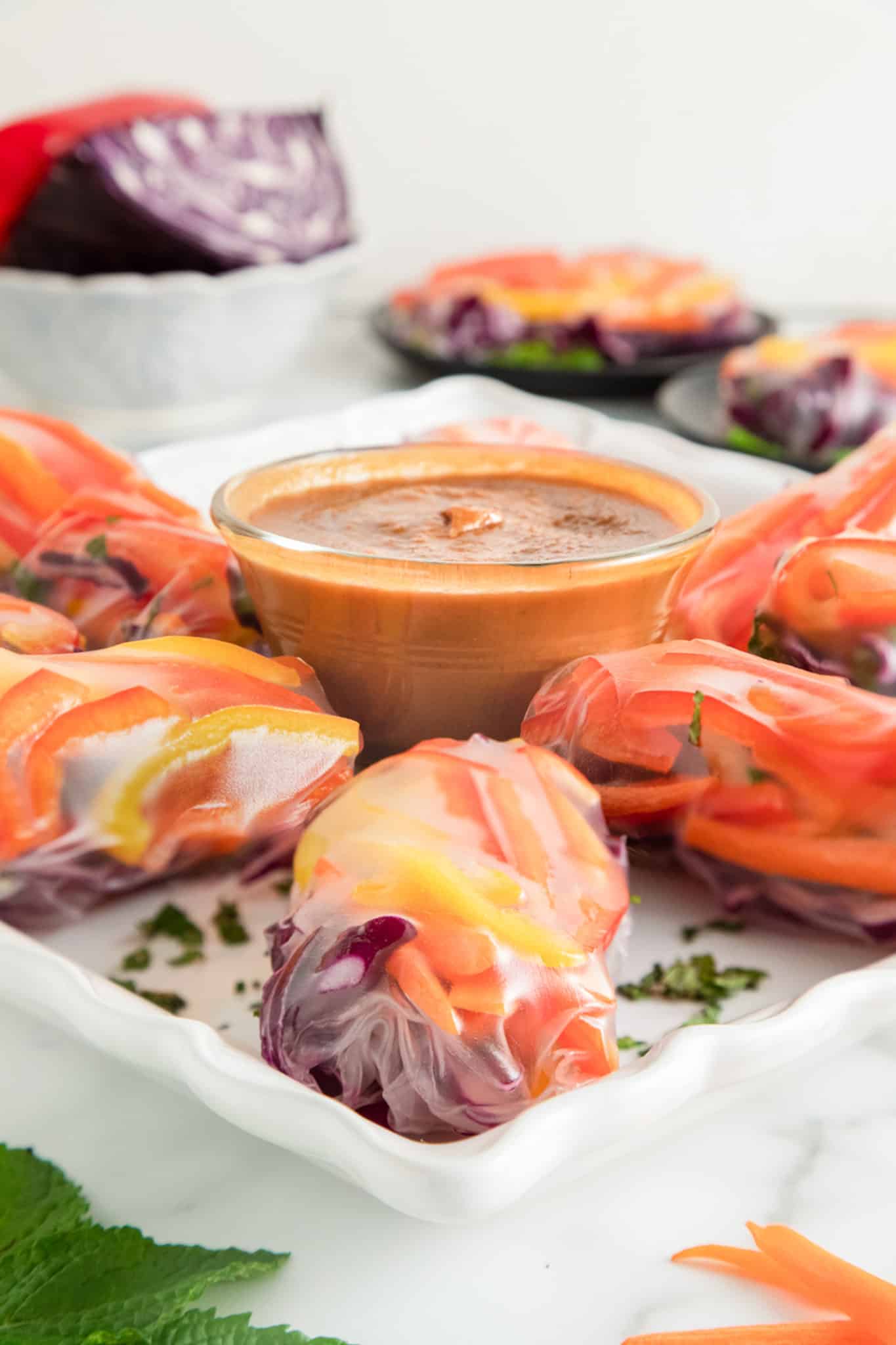 vegan summer rolls served with peanut sauce.