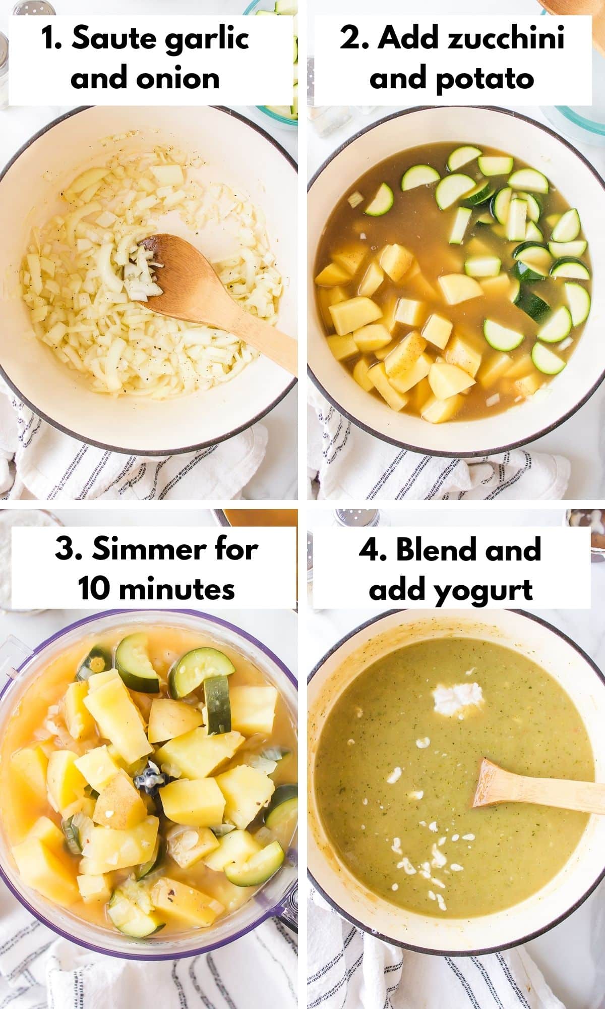 Process collage of making zucchini potato soup in a Dutch oven.