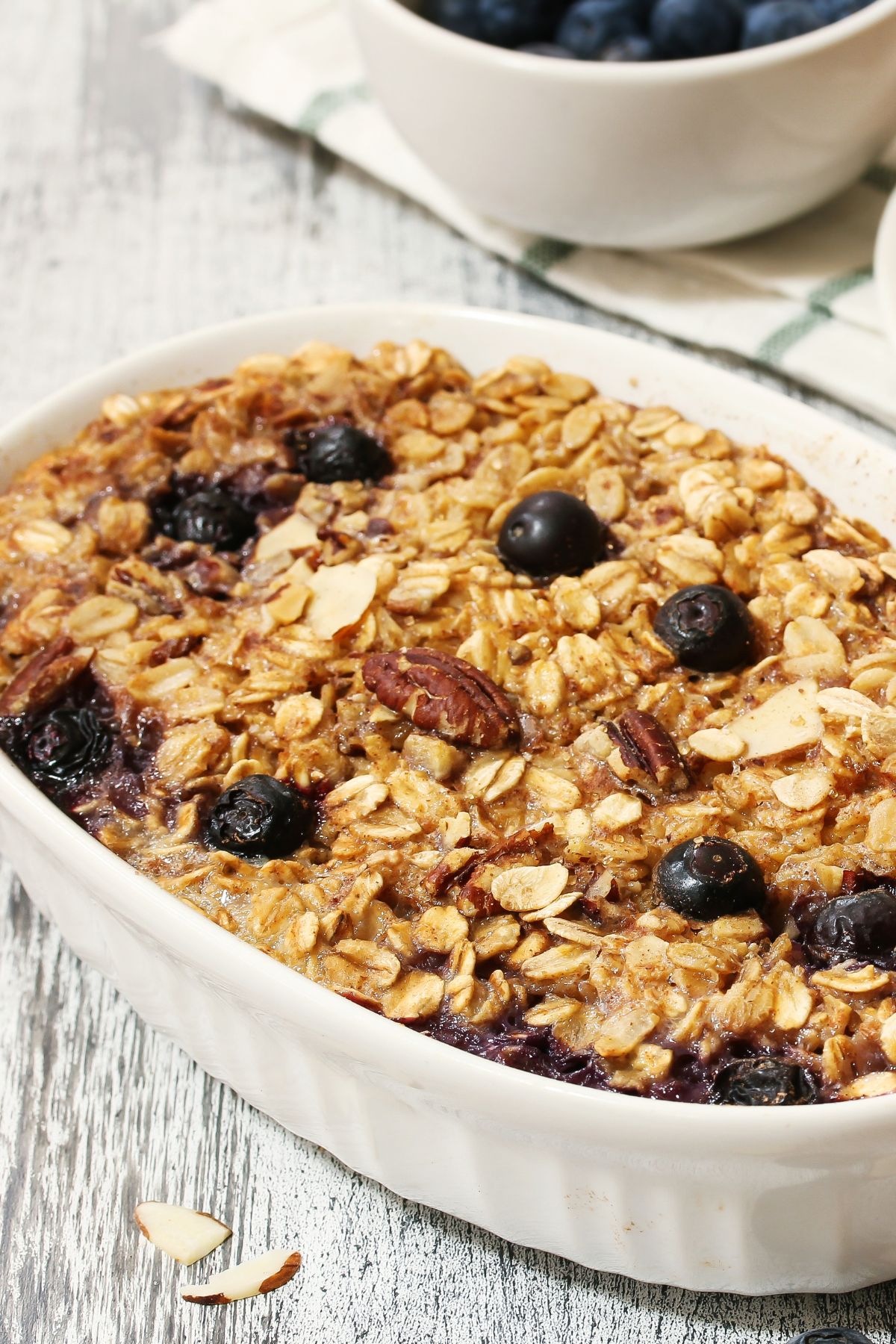 White baking dish of blueberry baked oatmeal.