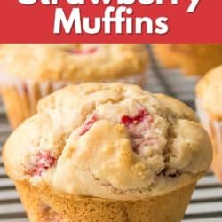 Closeup of a gluten-free strawberry muffin on a cooling rack.