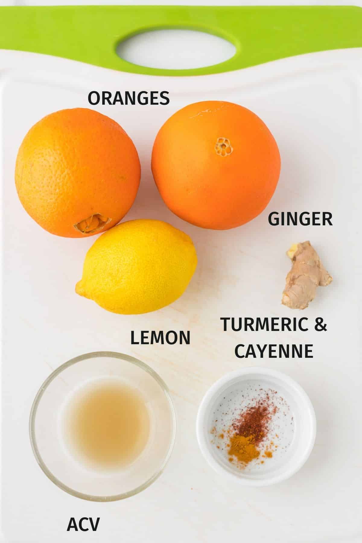 labeled ingredients for lemon ginger immunity shot.