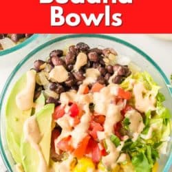 A clear glass bowl with a serving of Mexican brown rice Buddha bowl.