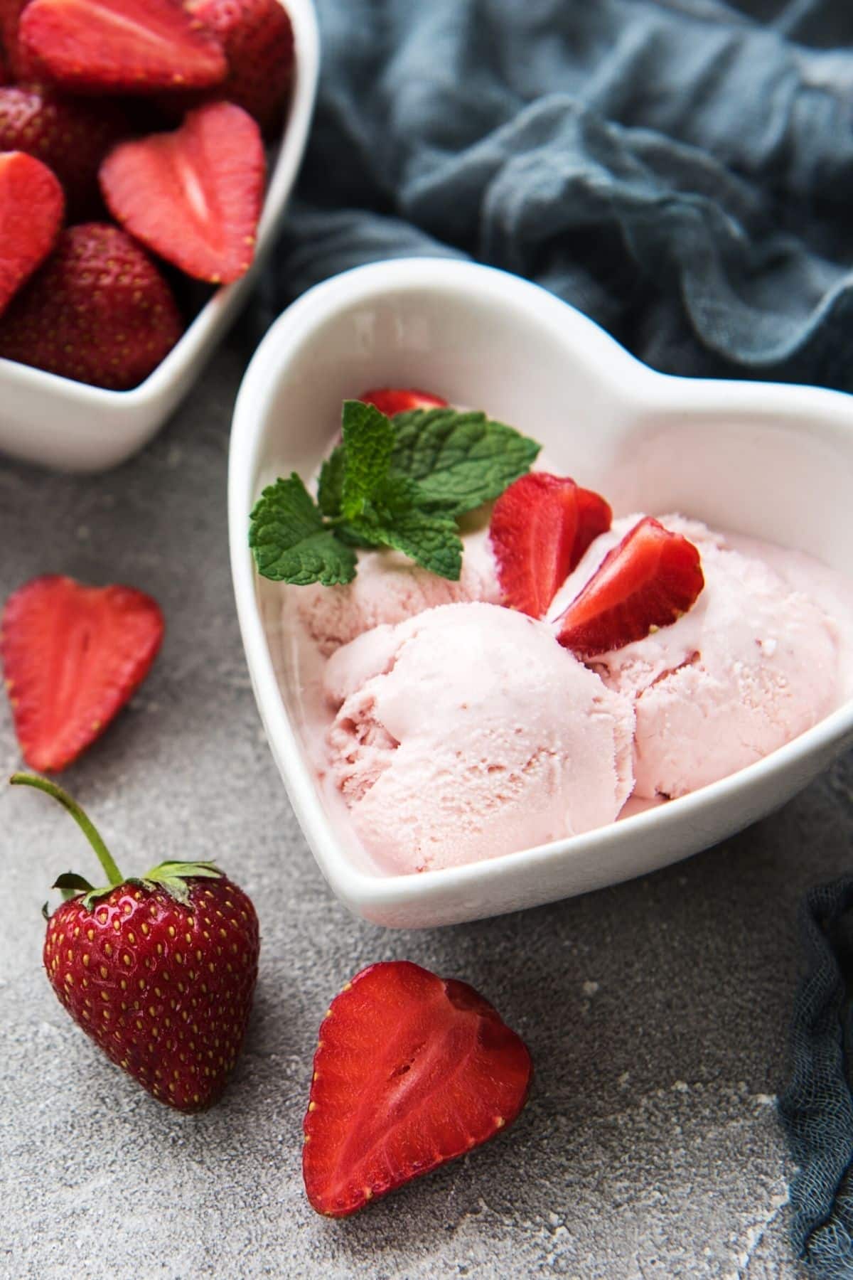 strawberry ice cream in heart bowl.