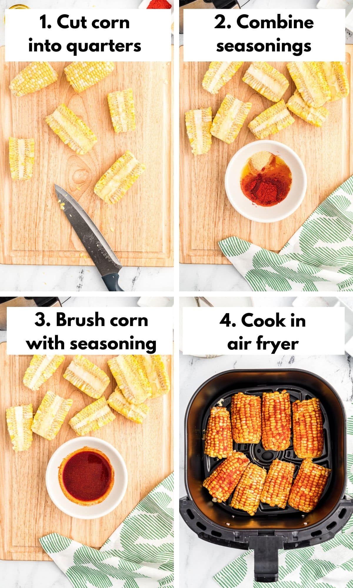 Process collage of preparing and air fryer corn ribs.