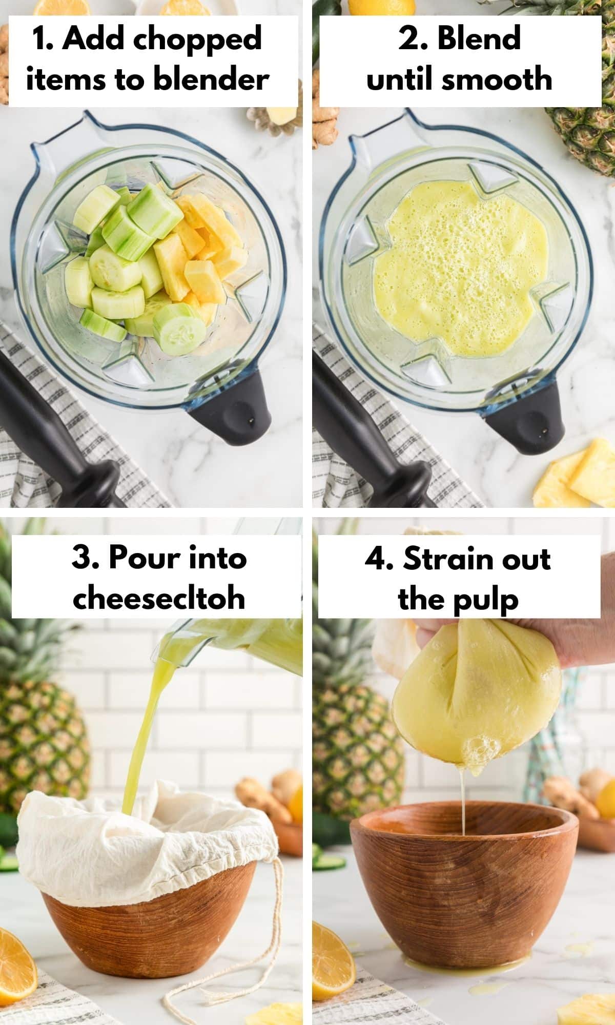 Process collage of blending and straining pineapple cucumber juice.