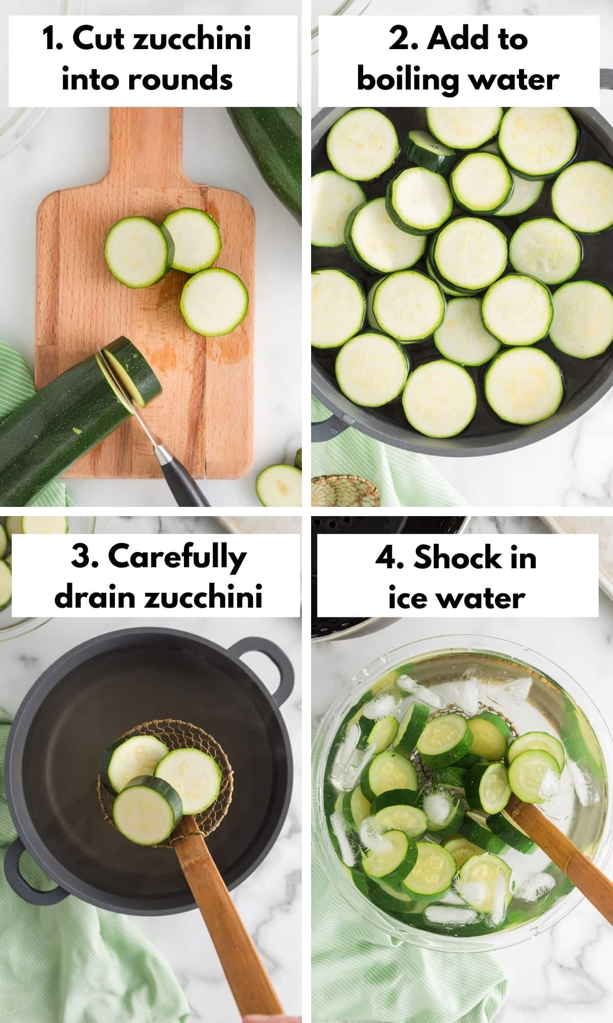 Process collage of slicing and blanching zucchini.