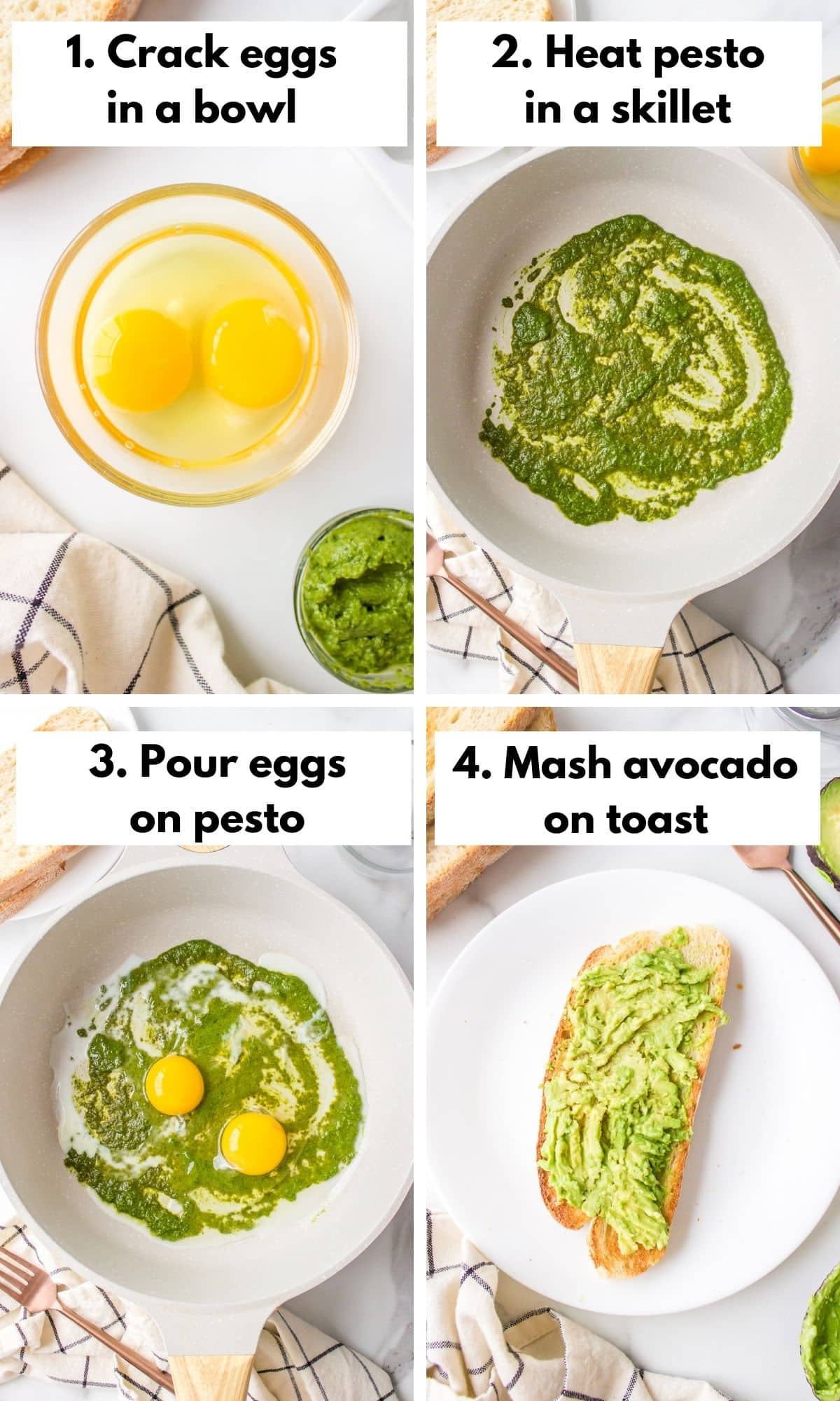 Process collage of how to make tik tik pesto eggs.