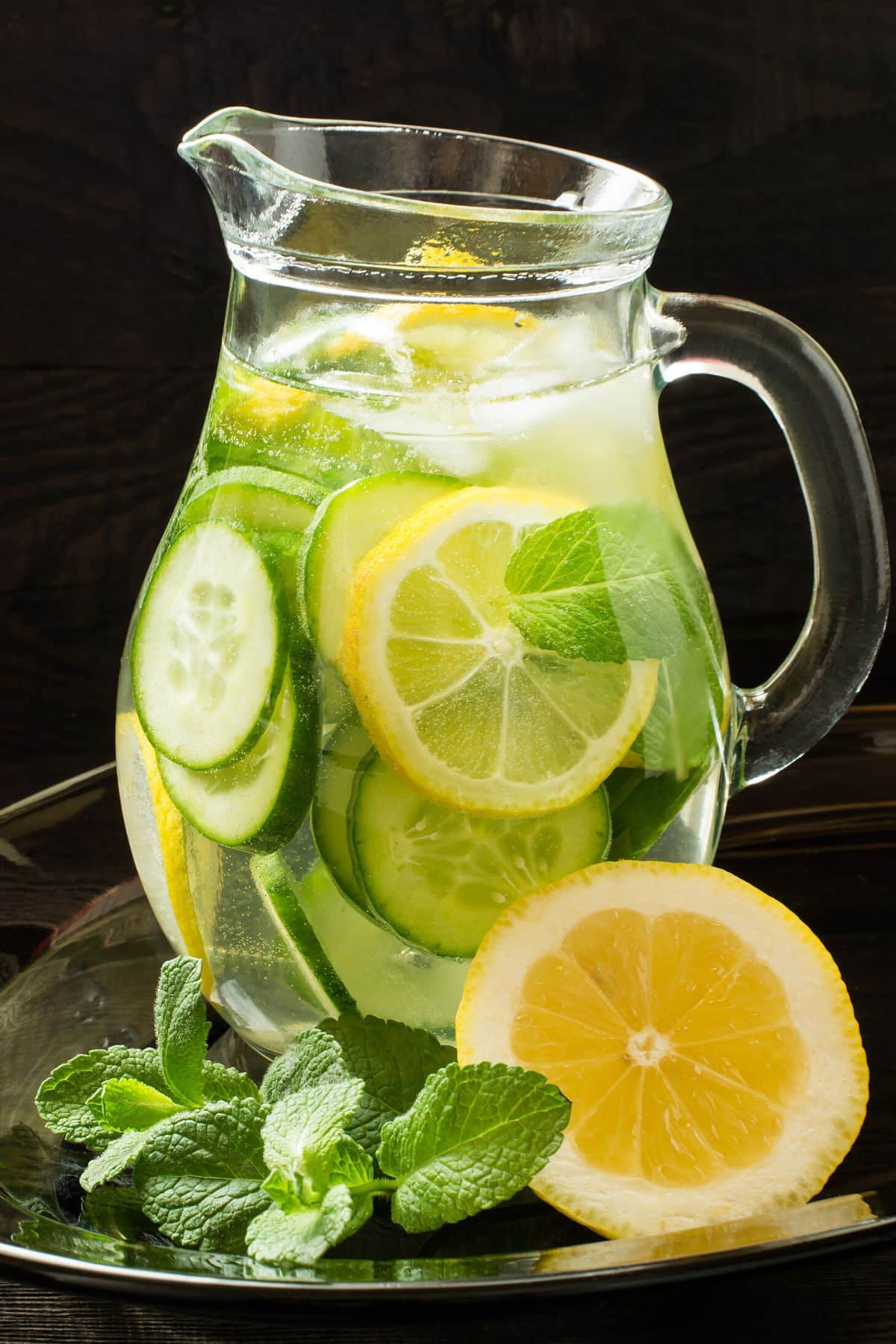 cucumber lemon mint water in pitcher.
