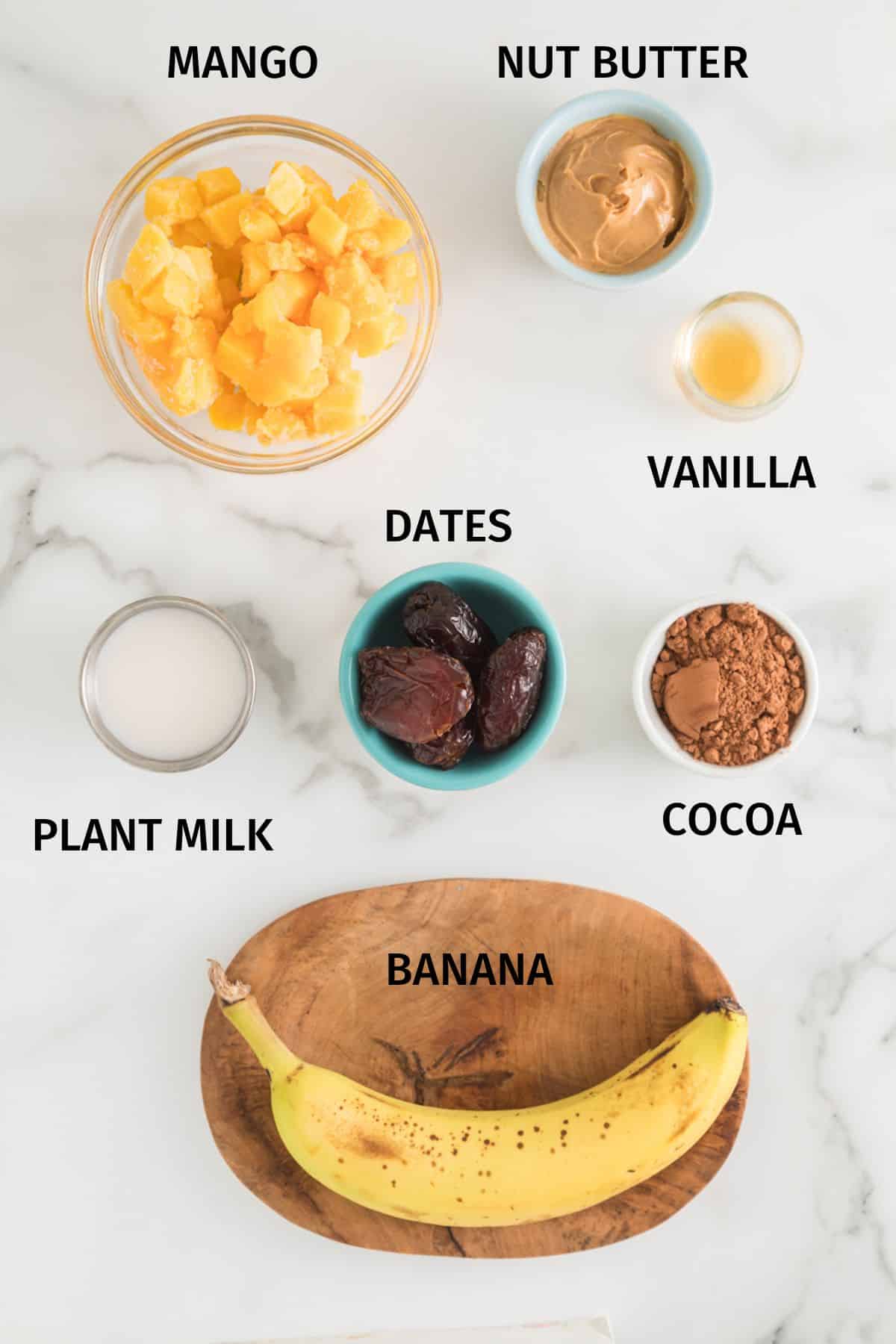 ingredients for Chocolate Peanut Butter Banana Ice Cream.