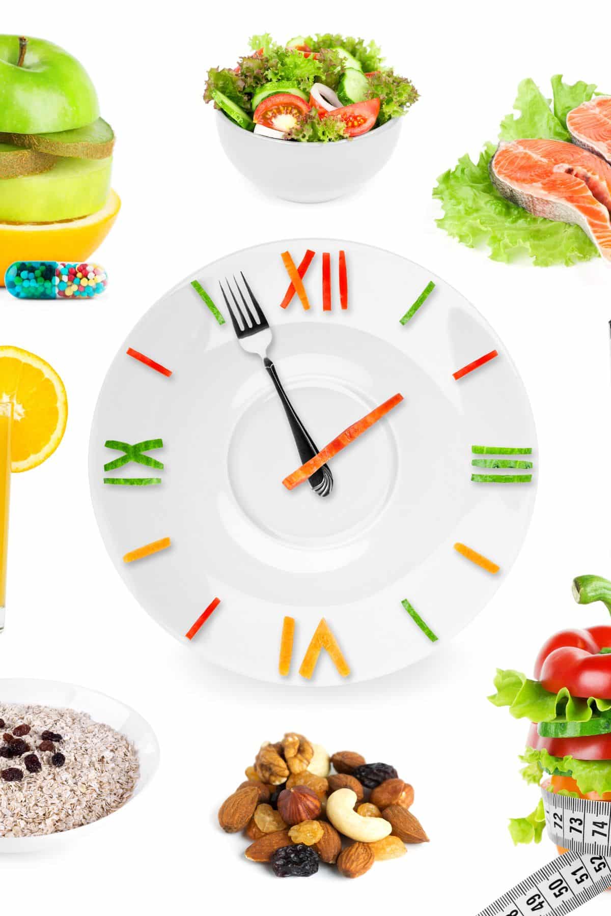 A clock with a fork as a hand surrounded by nuts, vegetables, and salmon.