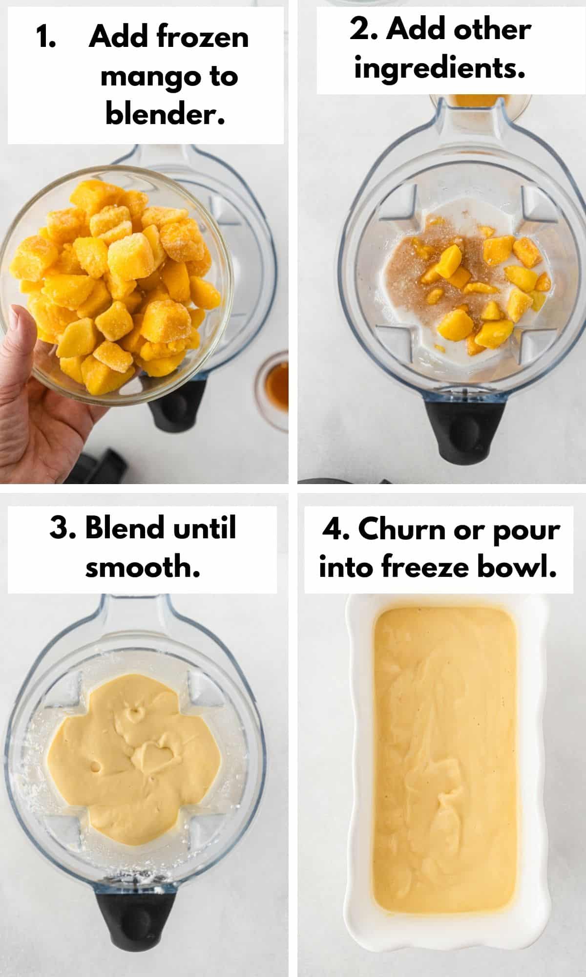 process photos for making vegan mango ice cream.