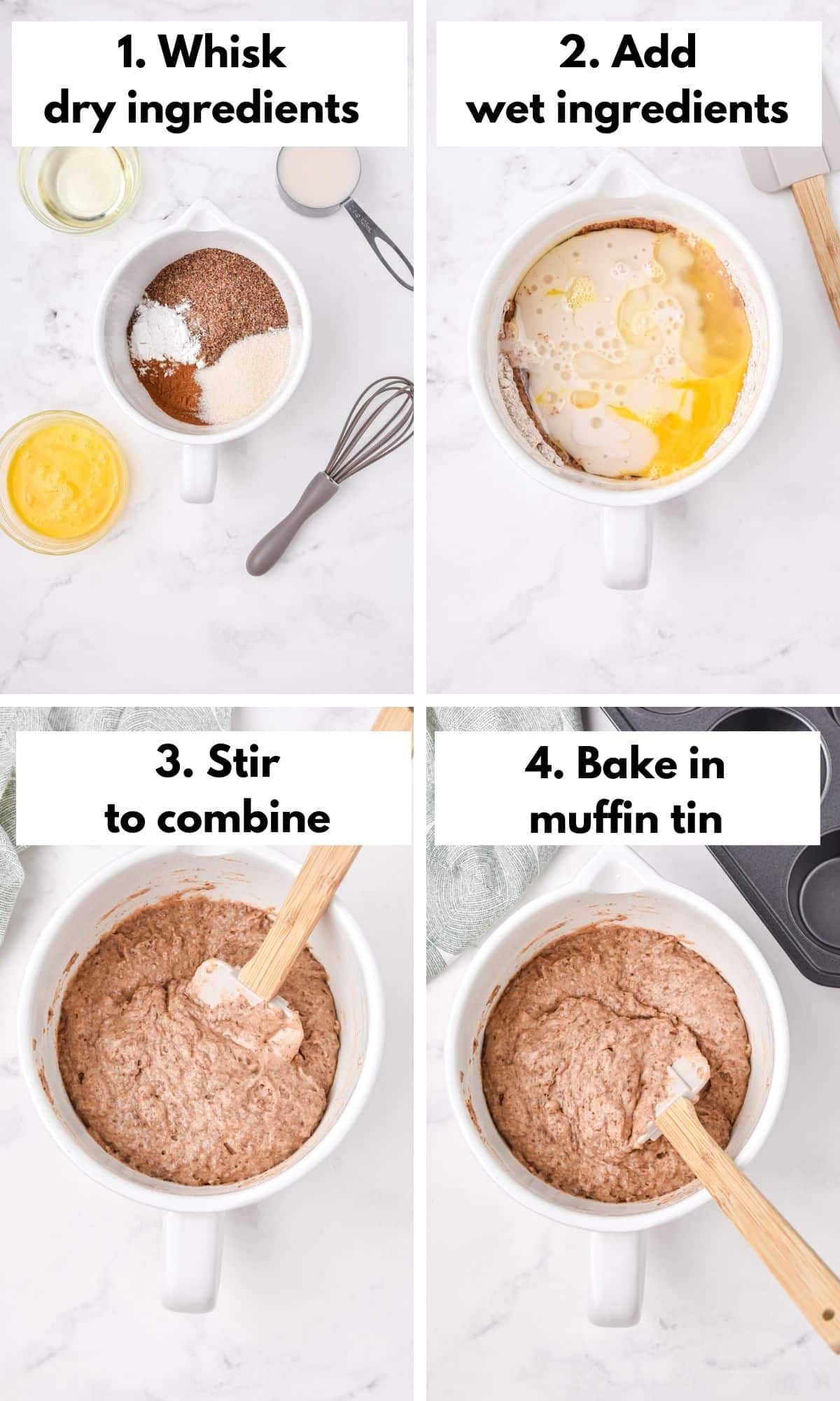 Process collage of mixing up gluten free flax muffins.