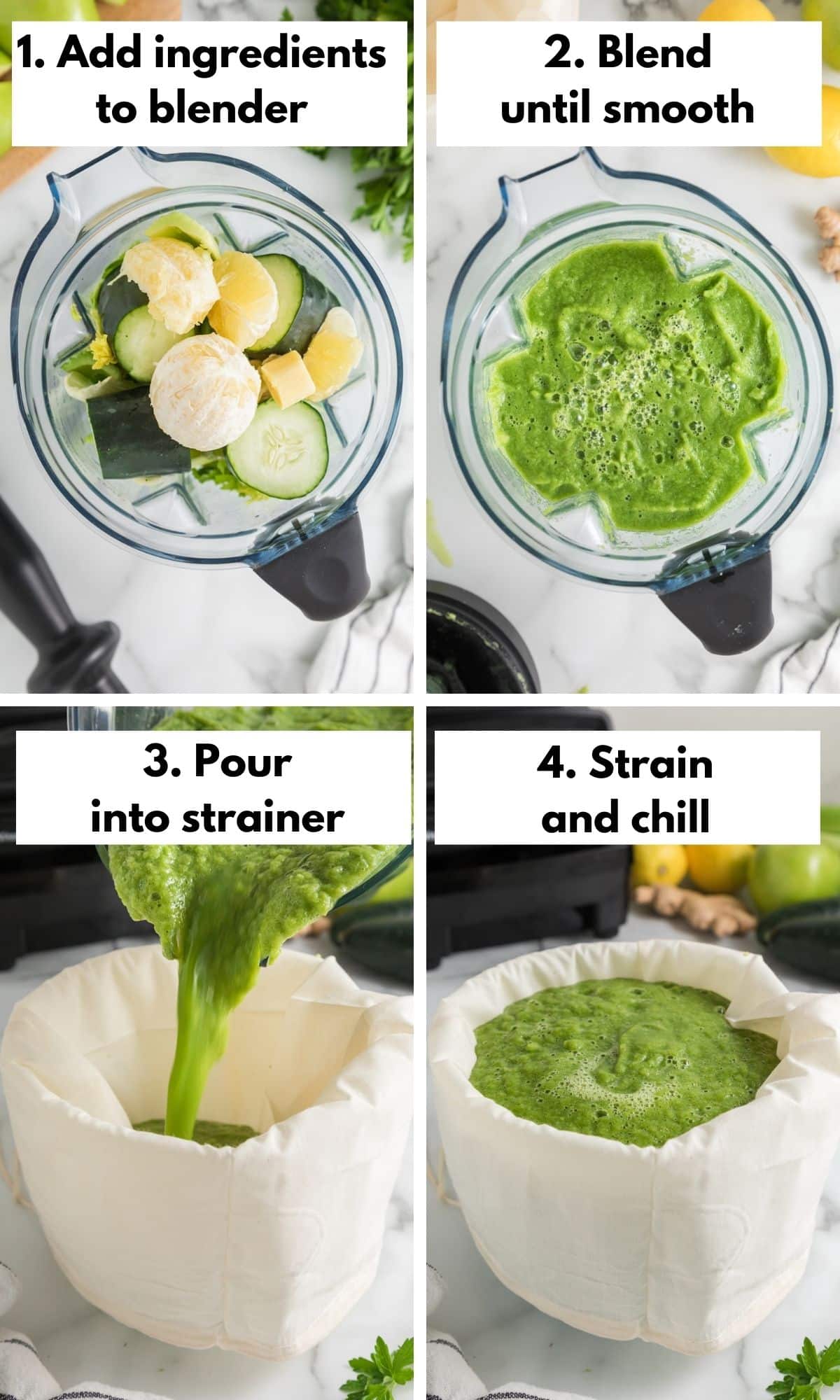 Process collage for blending and straining lemon ginger juice.