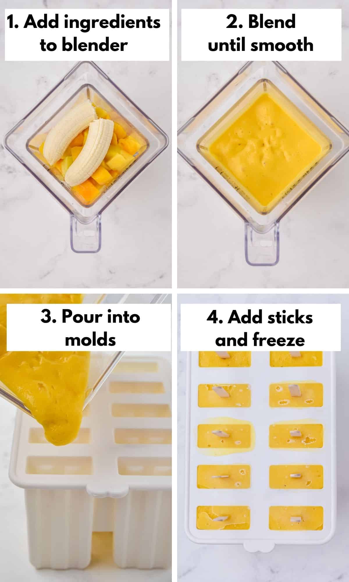 Process collage with steps to make mango popsicles.