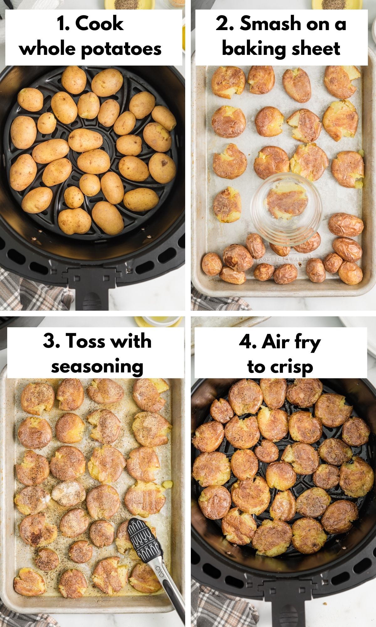 Process collage on how to make air fryer smashed potatoes.