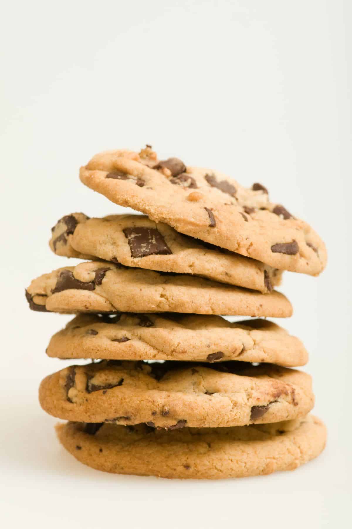 Stack of six chocolate chip cookies.