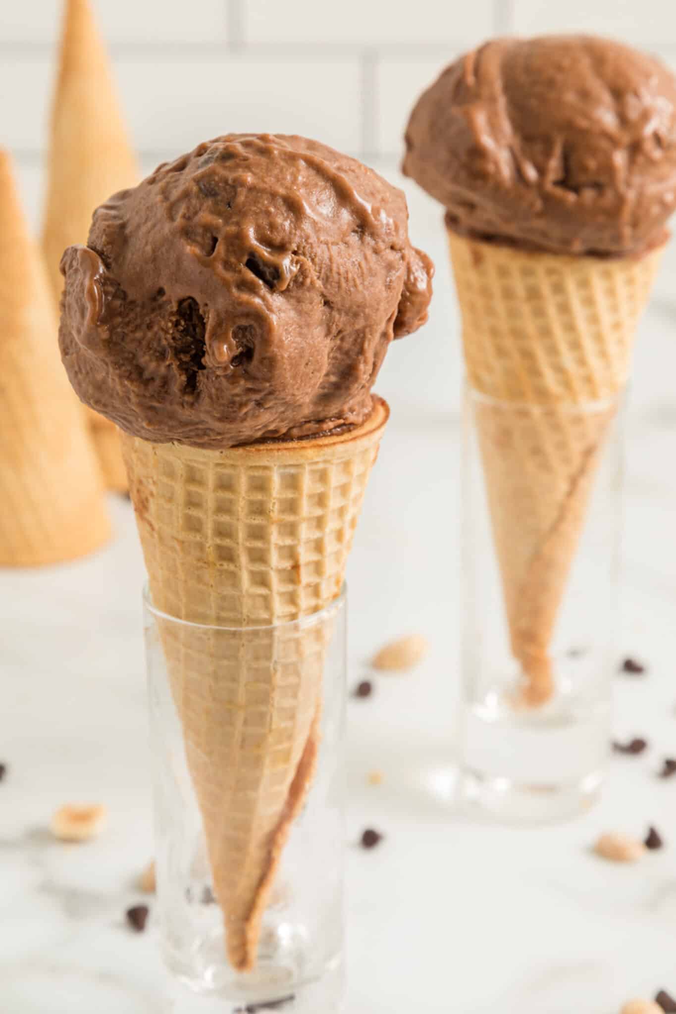 chocolate avocado ice cream served in cones.