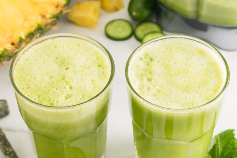 cucumber pineapple smoothie two glasses.