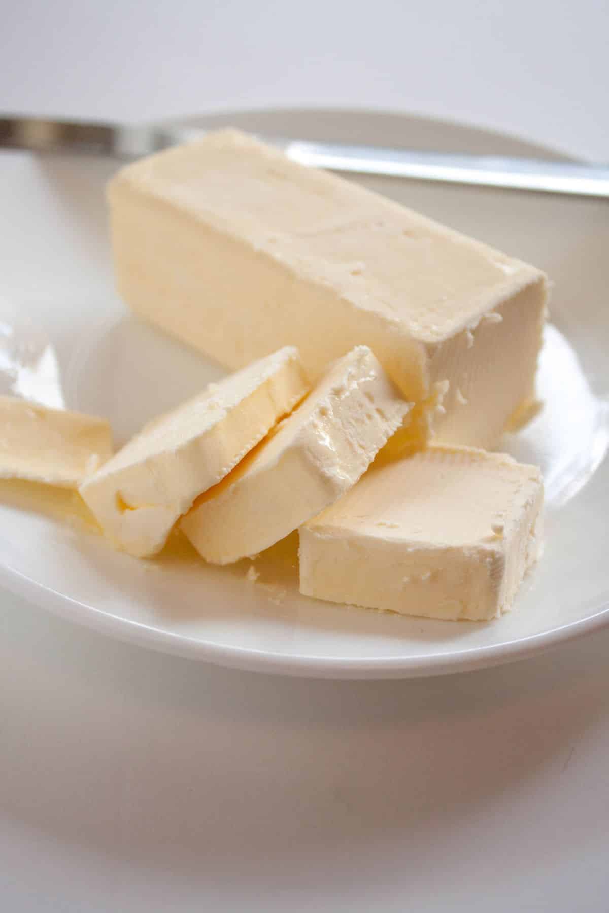 Vegan Butter or margarine on white plate.