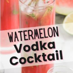 A glass filled with watermelon vodka cocktail with text.