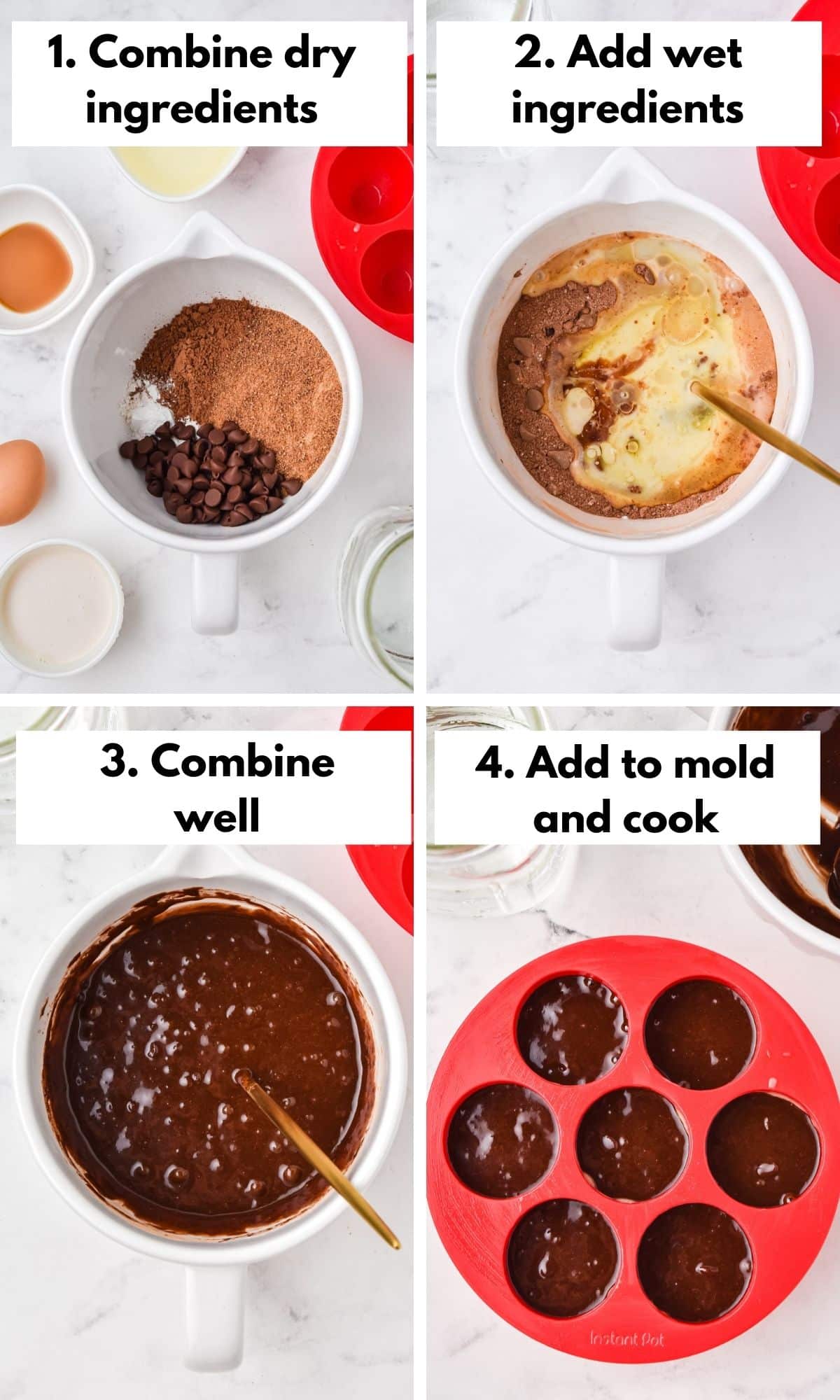 Process collage of how to make brownie bites in the Instant Pot.