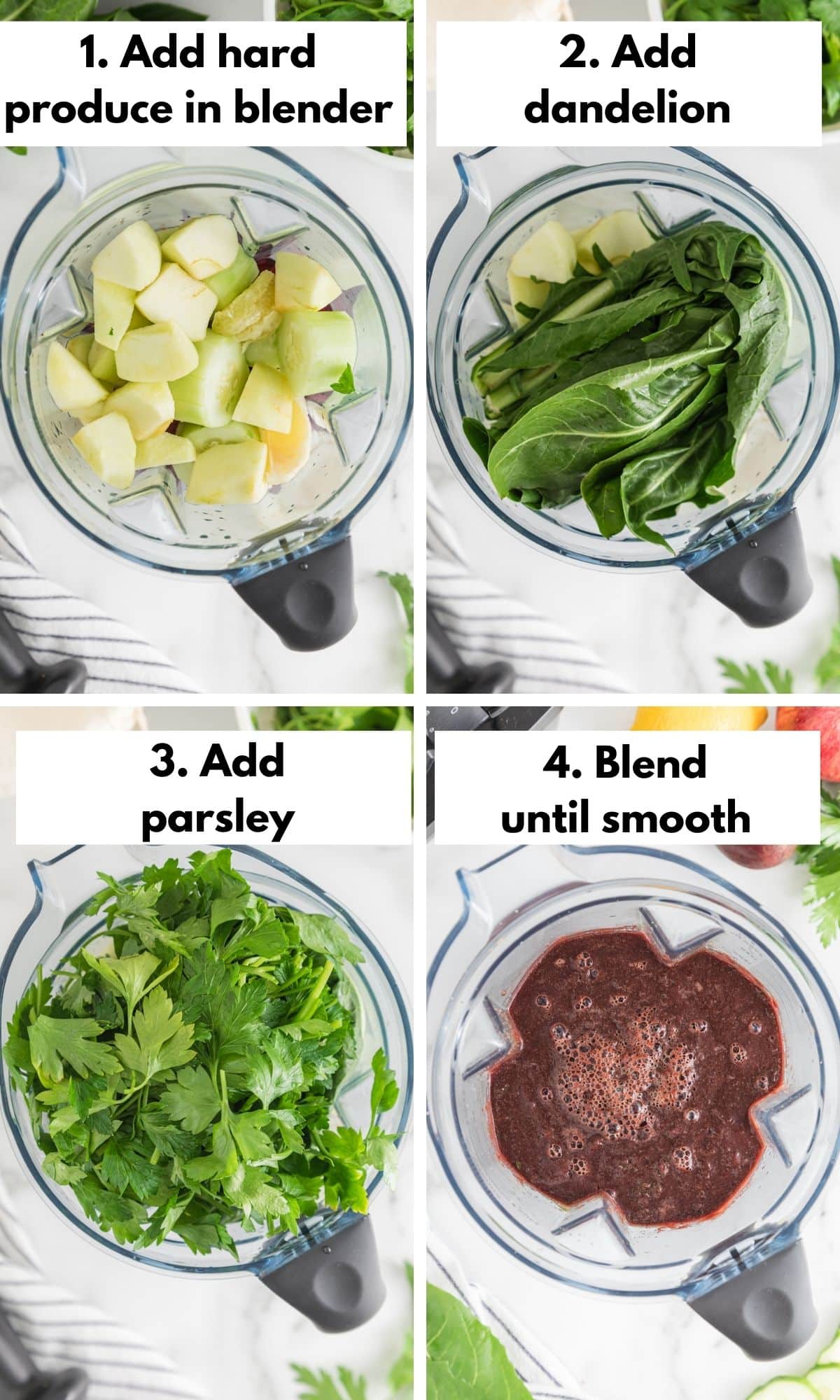 Process collage showing how to make liver cleanse juice in a blender.