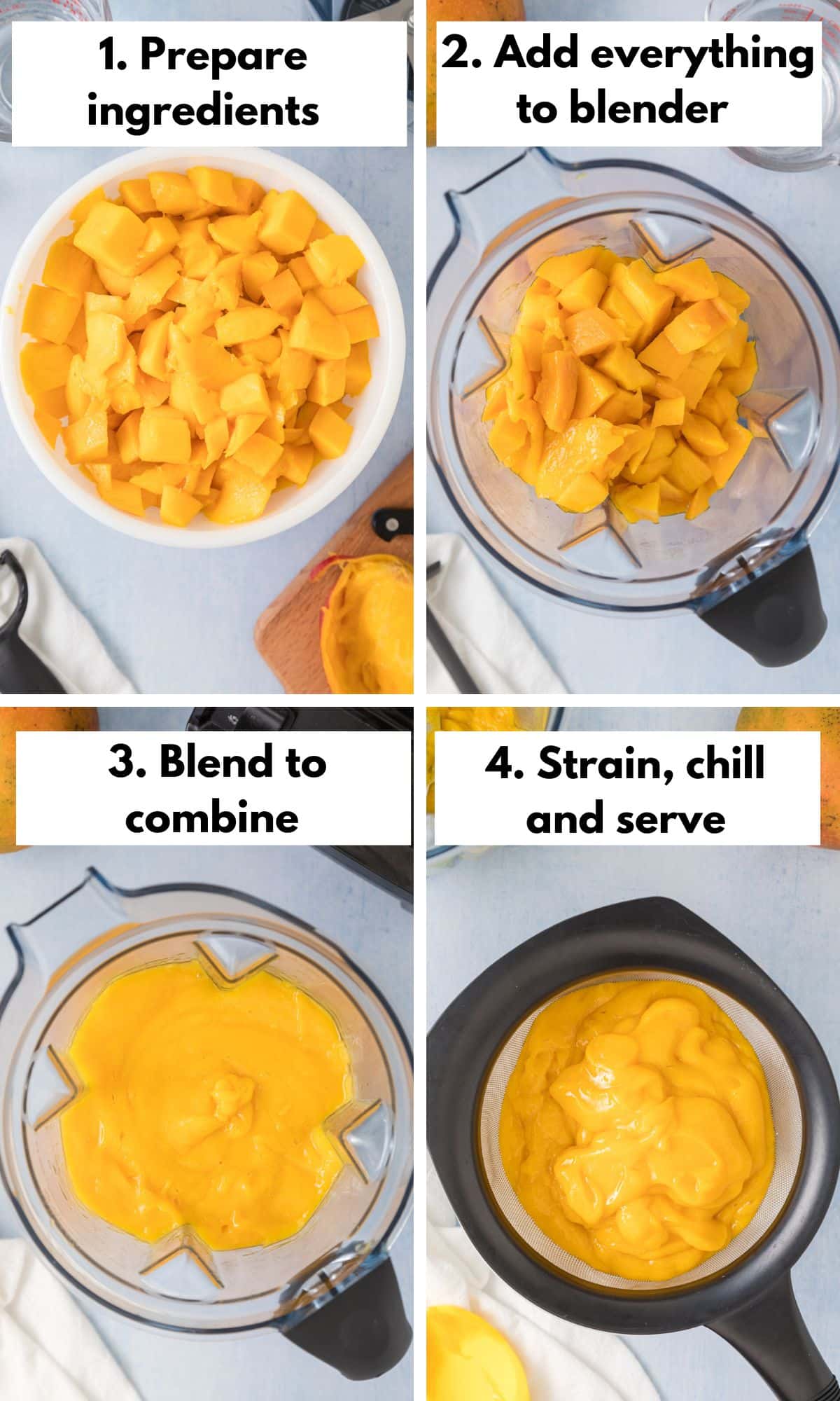 Process collage on how to make mango juice in a blender.