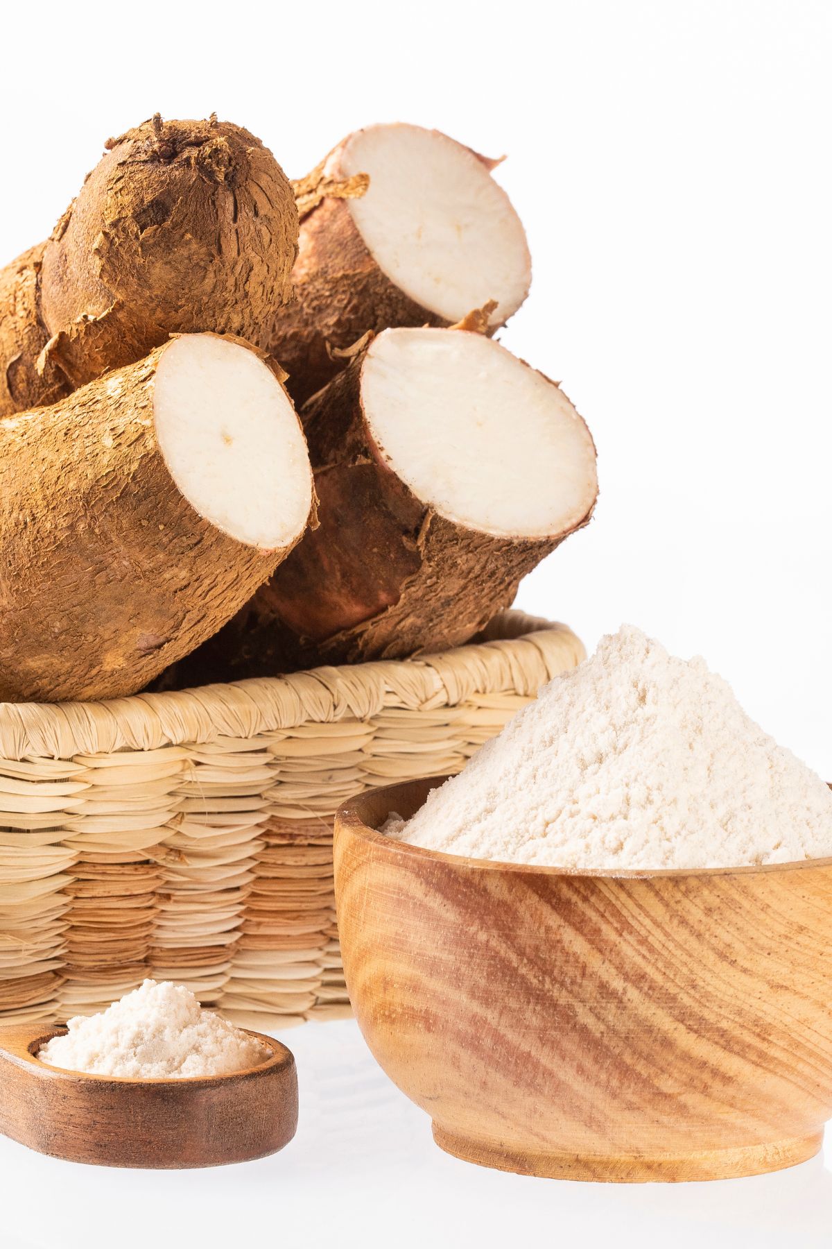 Arrowroot plant in basket with bowl of arrowroot powder.