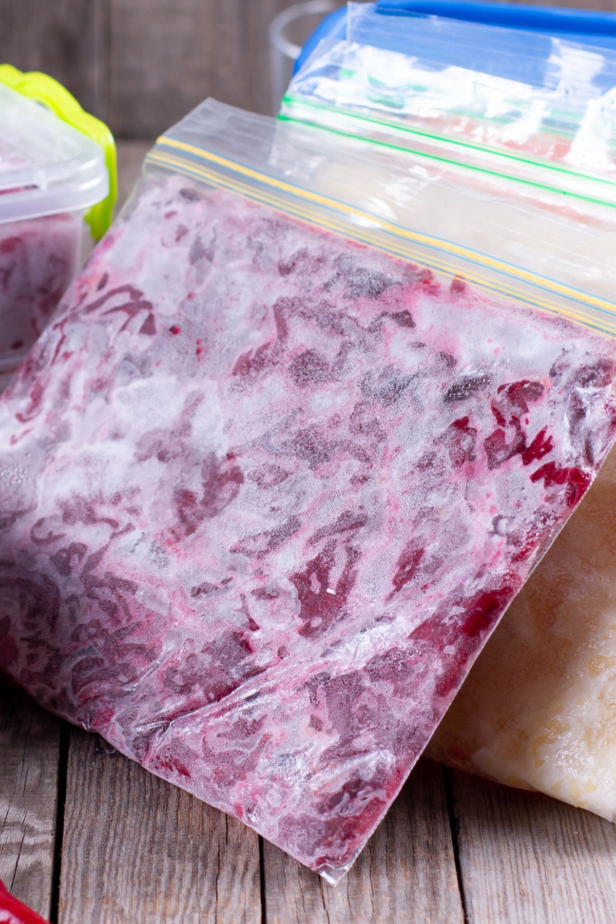 Baggies and containers of frozen shredded beets.