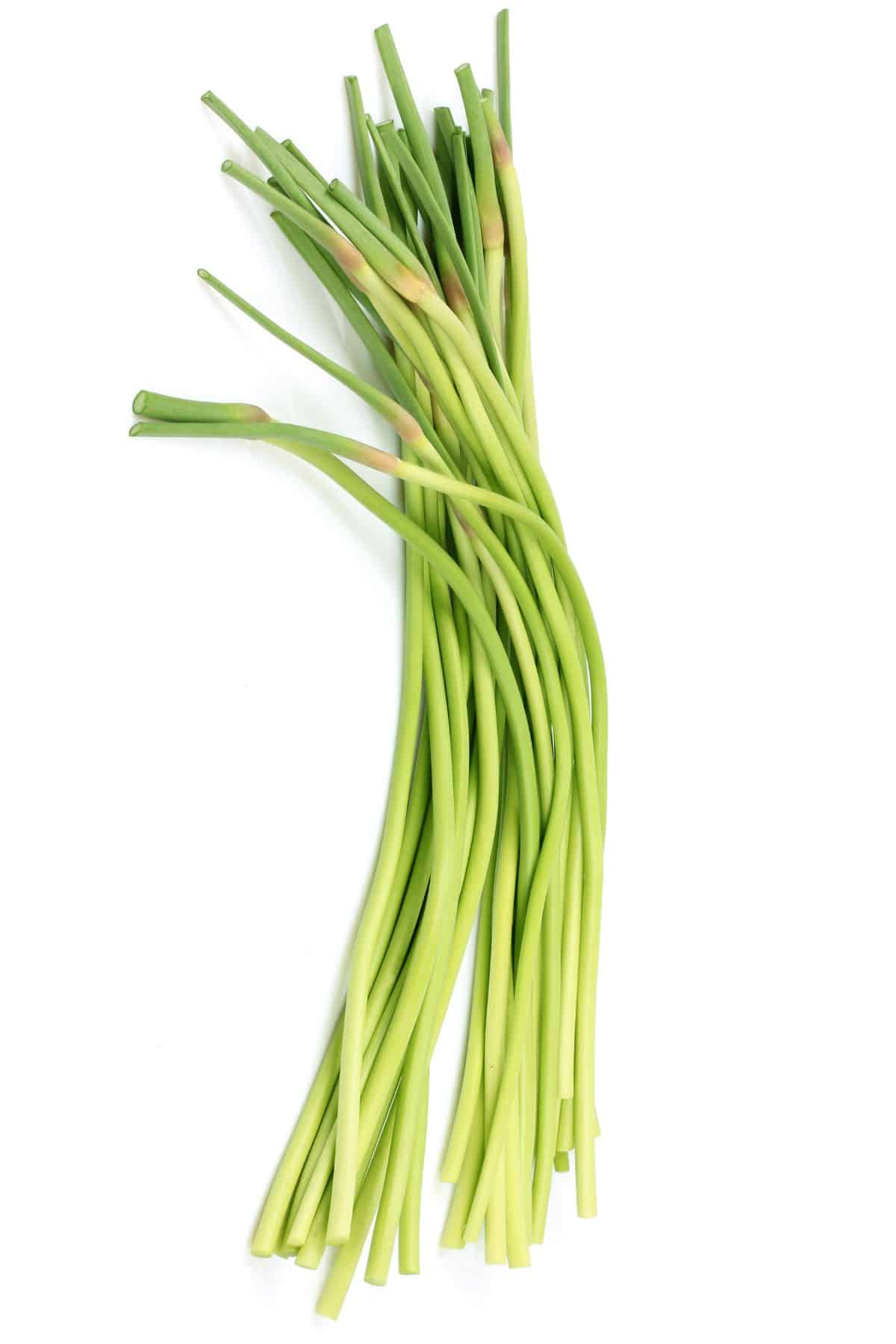 Bundled stack of green garlic scapes.