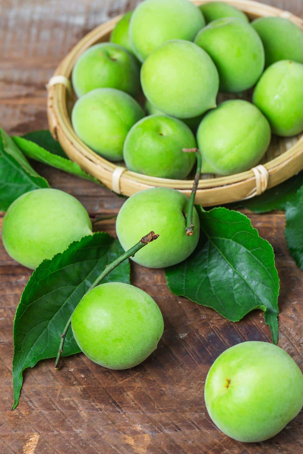 green plums in basket on table.