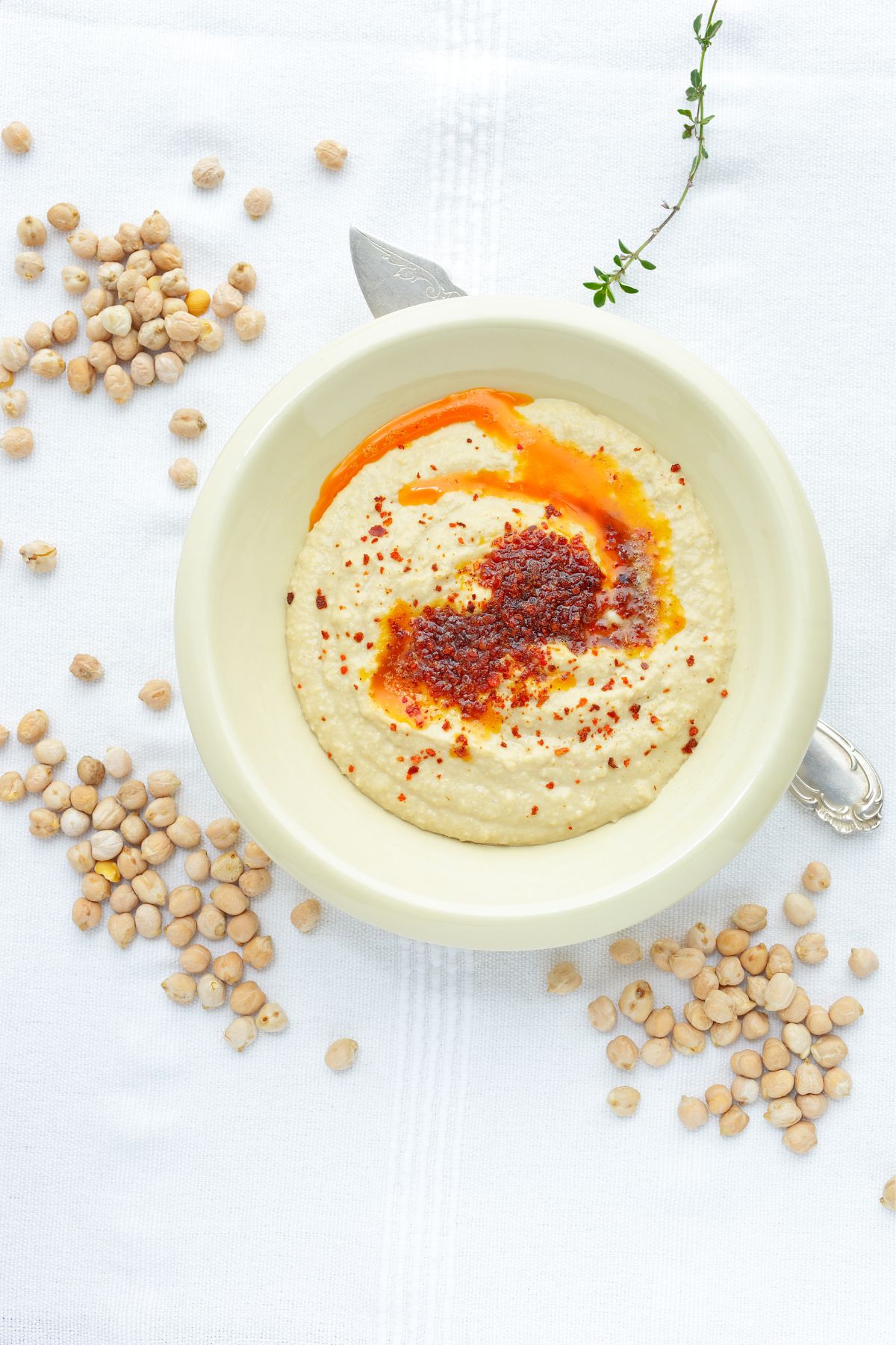 bowl of hummus on counter.