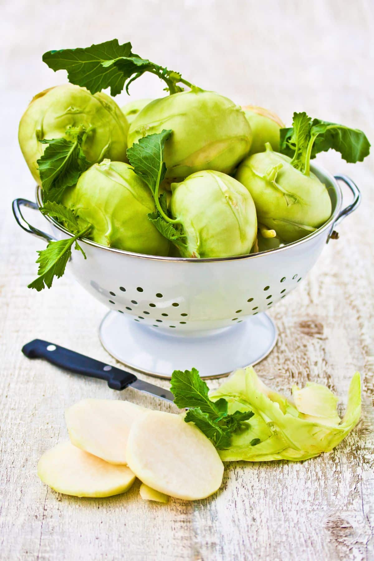 kohlrabi in colander.