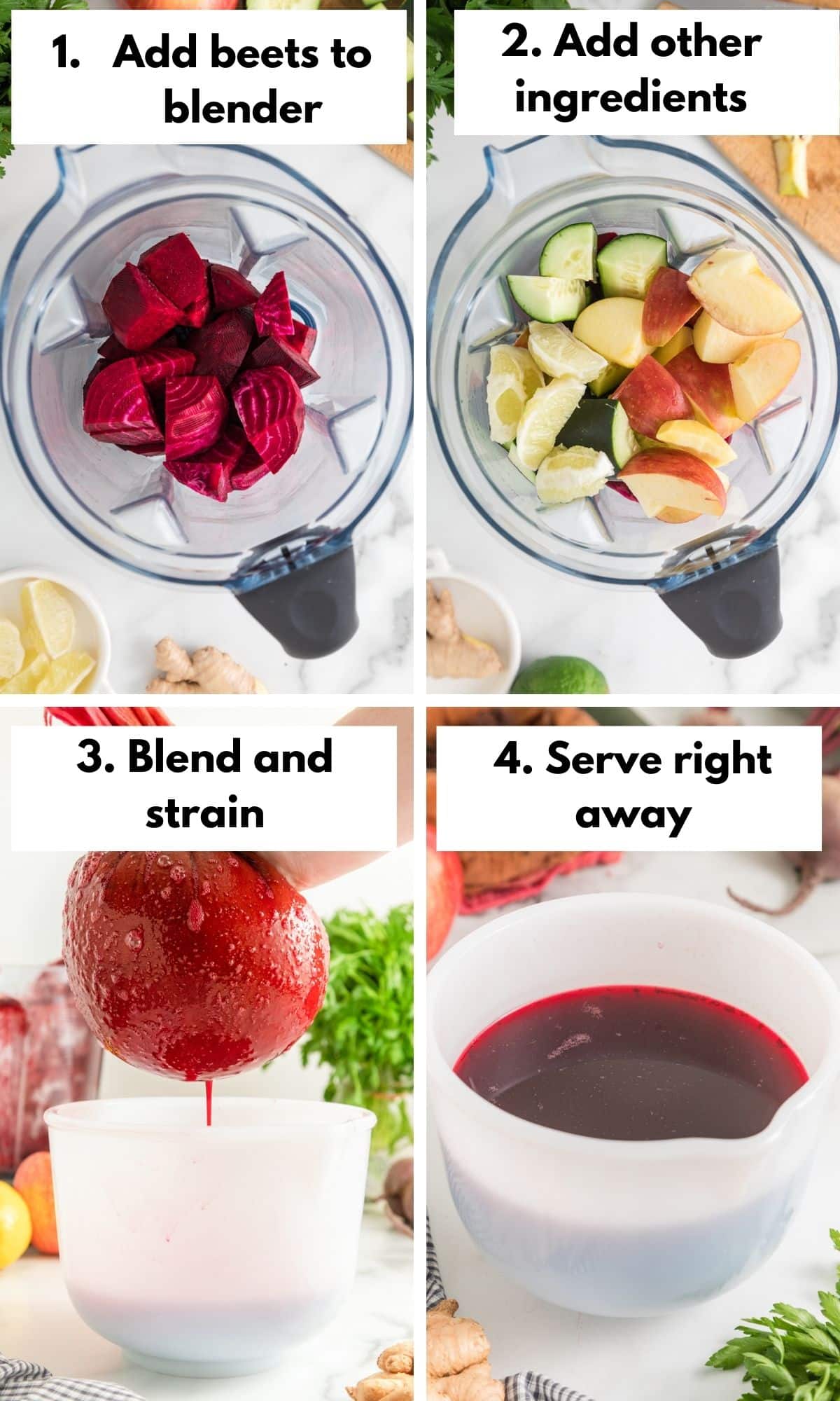 process photos for making beet juice in blender.