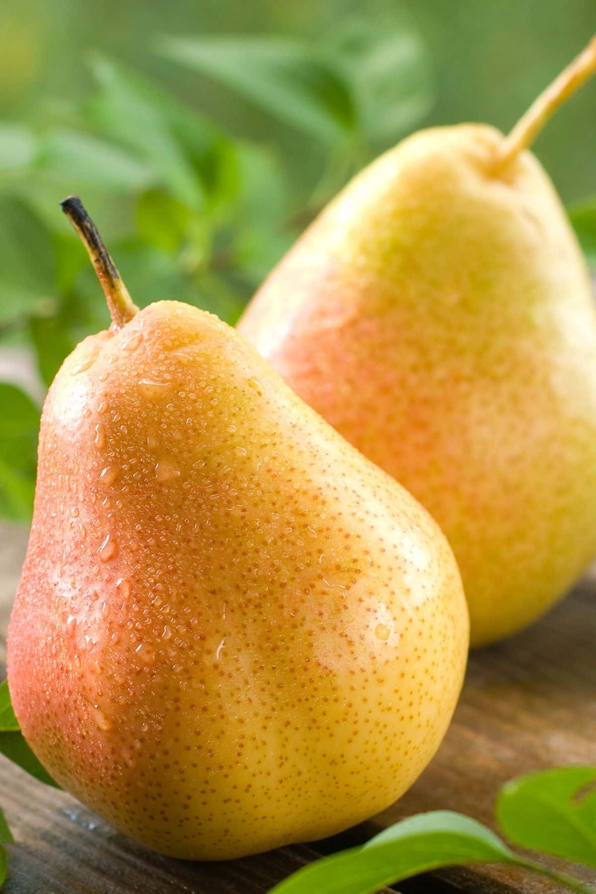 Two ripe yellow pears on a wooden table.