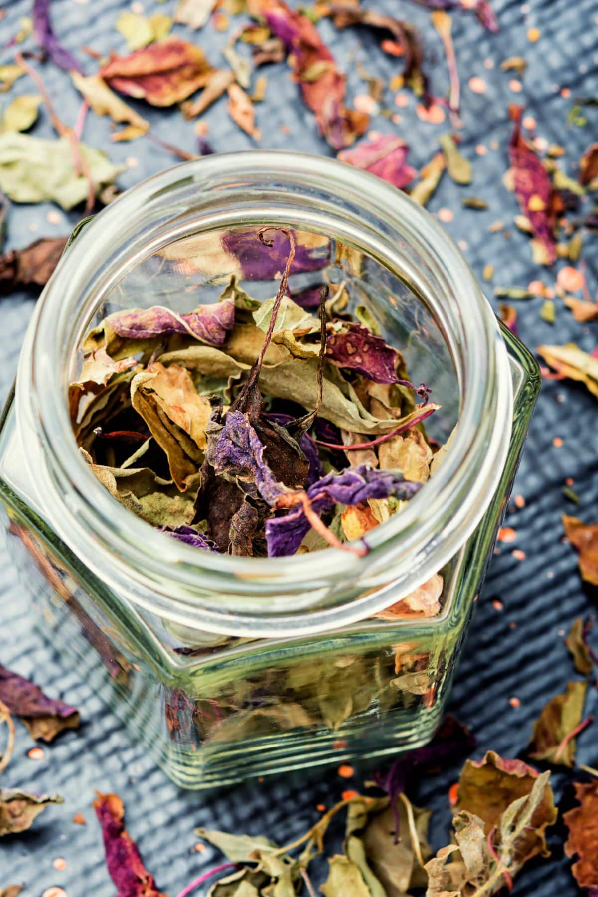 whole dried basil leaves in a jar.