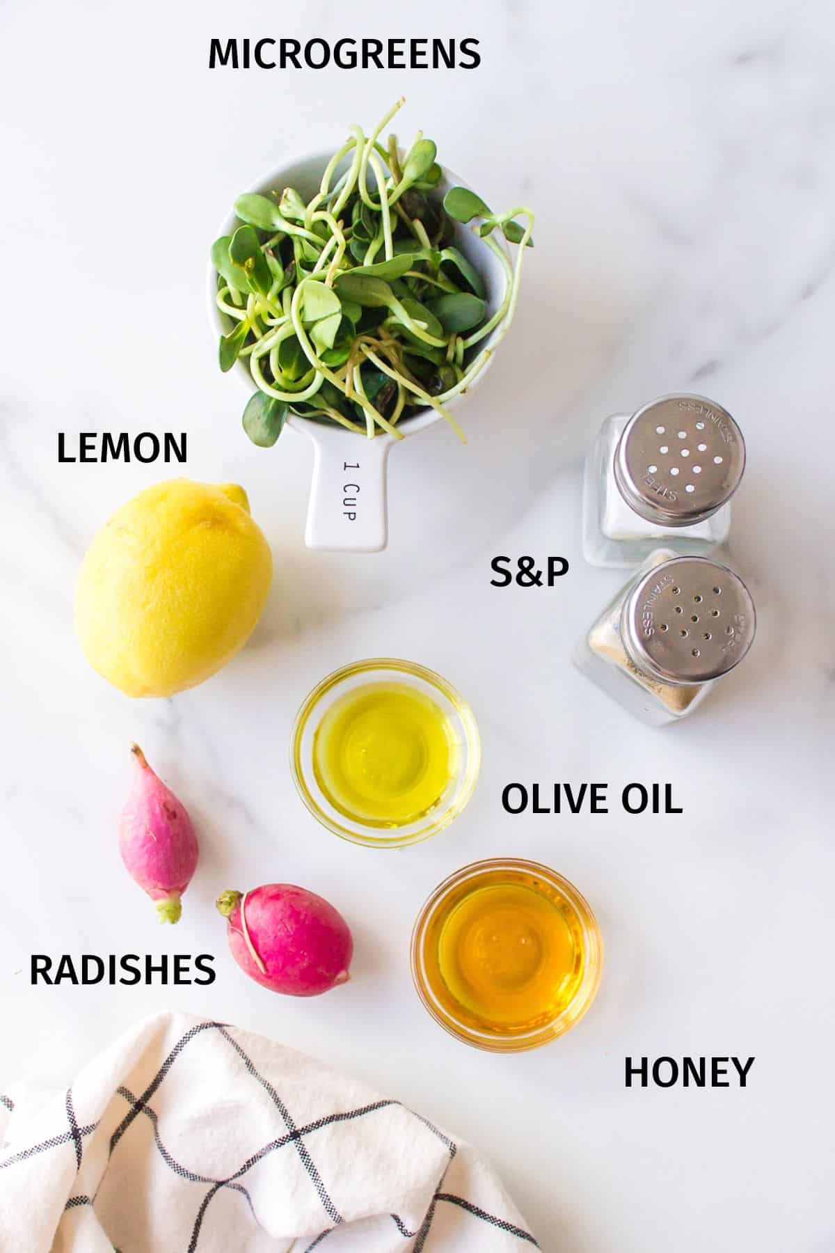 Ingredients for micro greens salad in small bowls on a white surface.