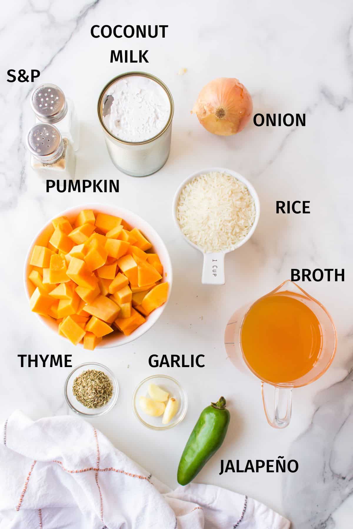 Ingredients to make creamy pumpkin rice in small bowls on a white surface.