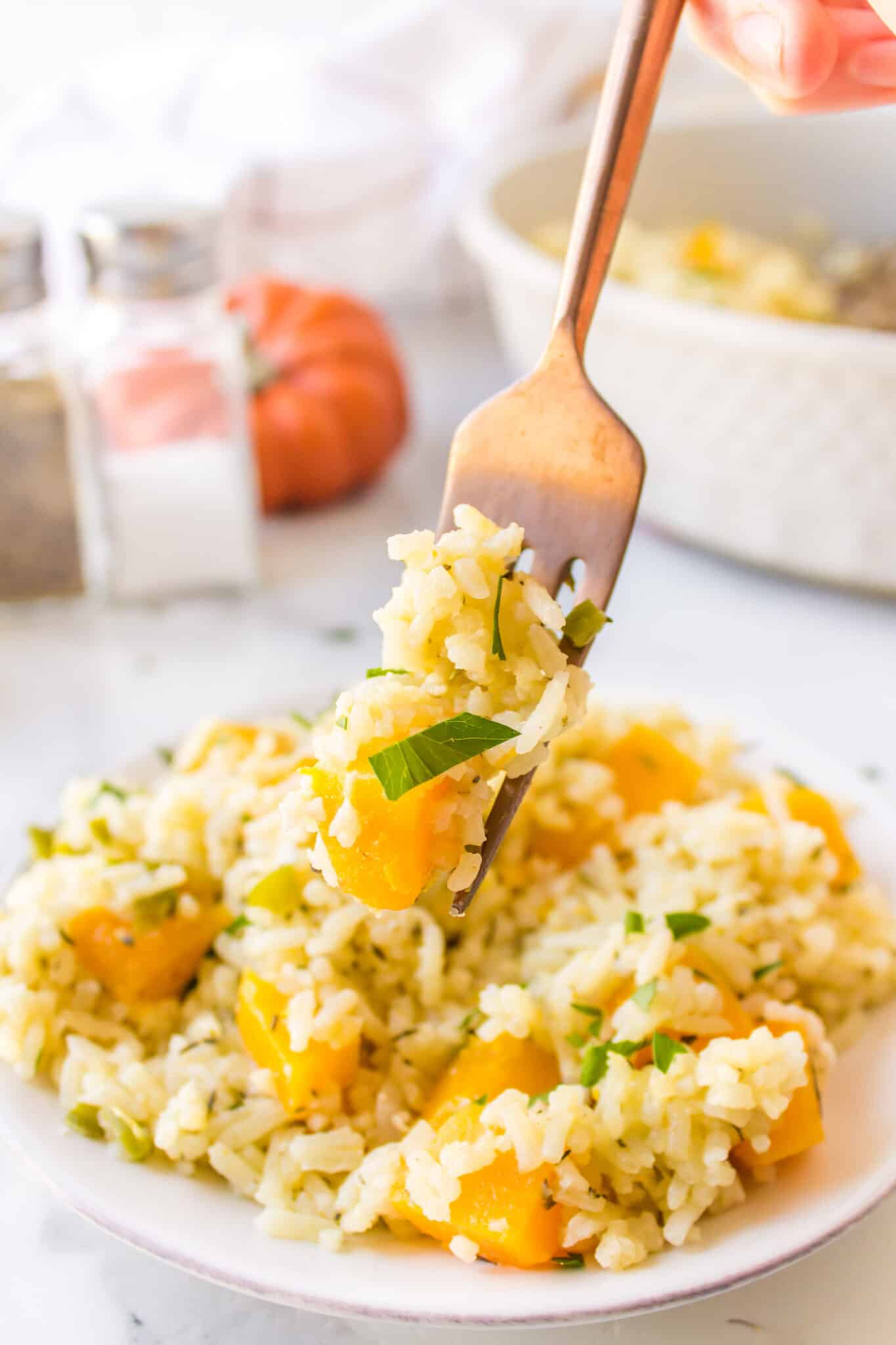 A forkful of pumpkin rice over a small serving on a plate.