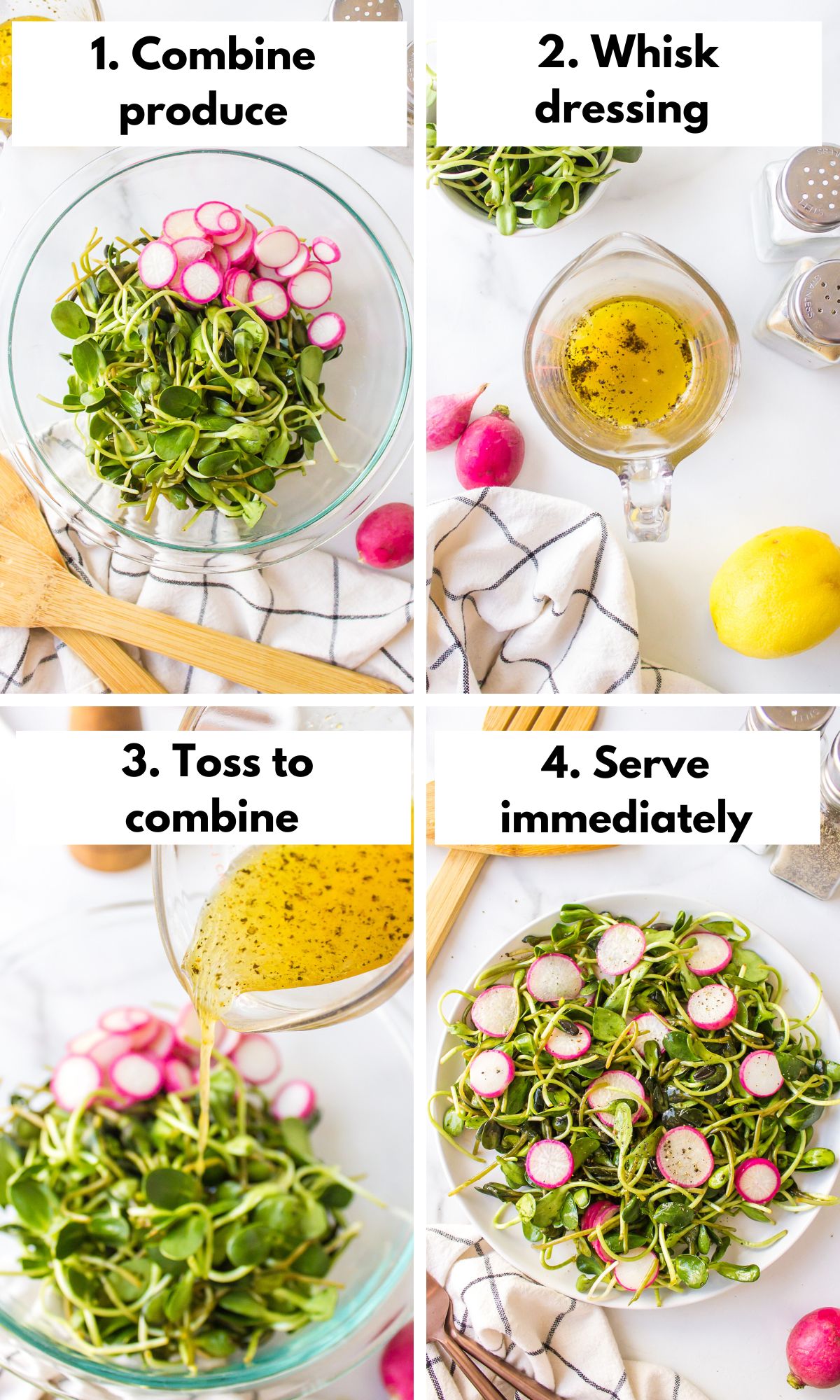 Process collage of how to create a micro green salad with homemade dressing.