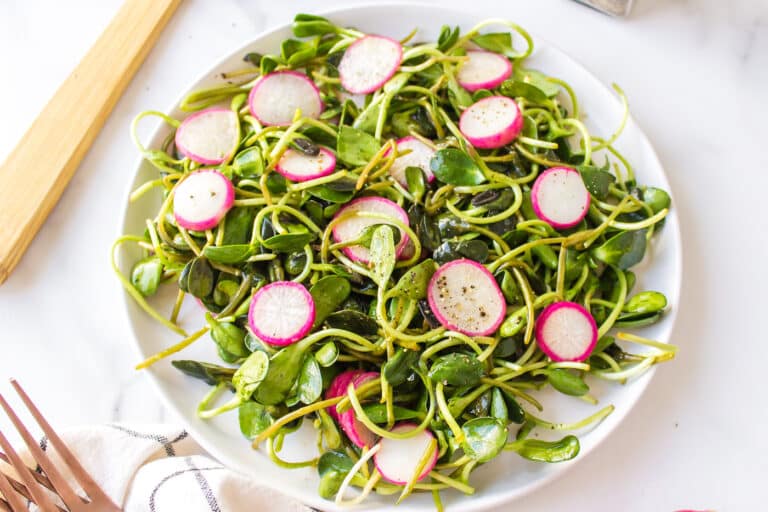 Microgreens with radish salad on a white plate.