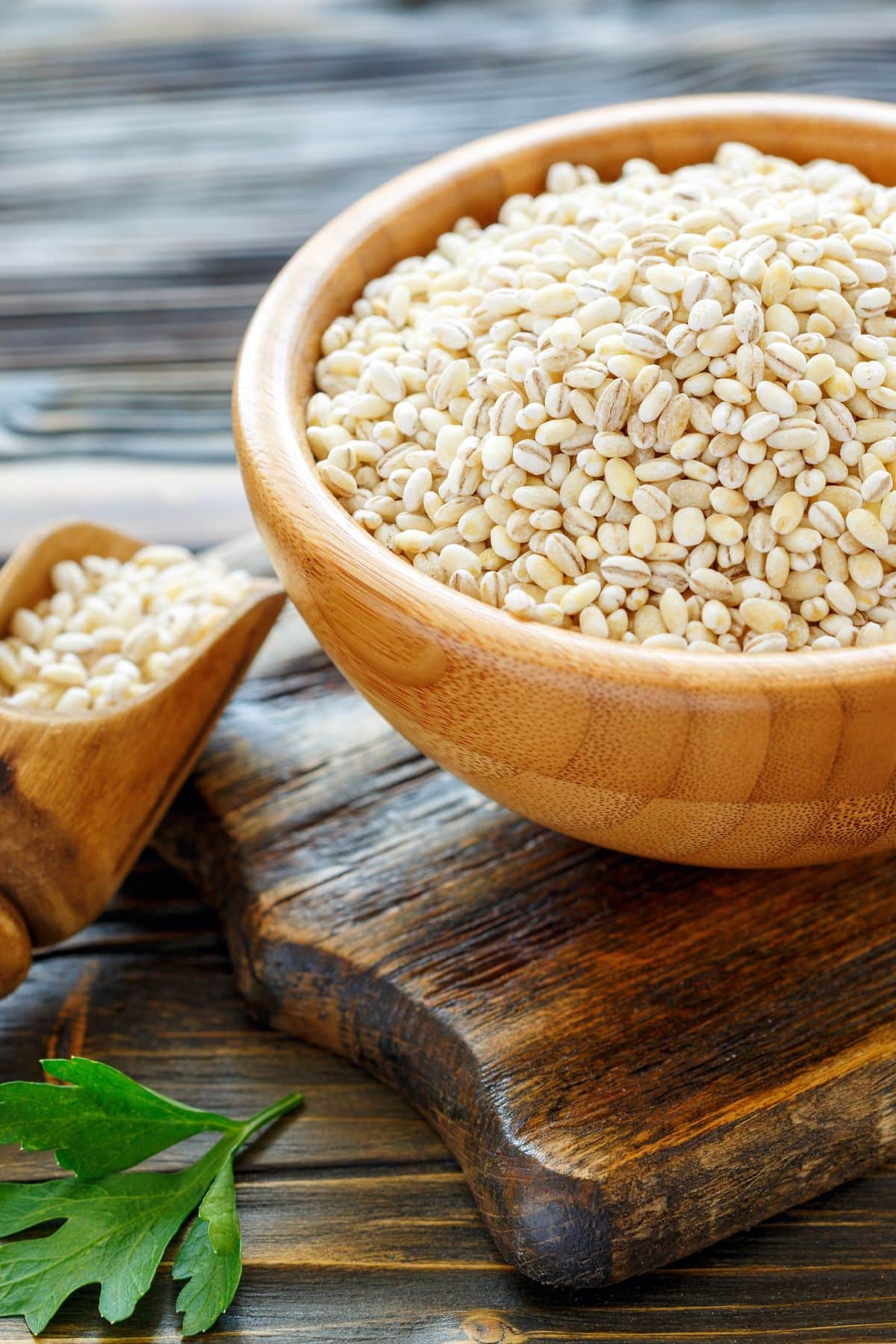 Bowl of pearled barley on wooden surface.